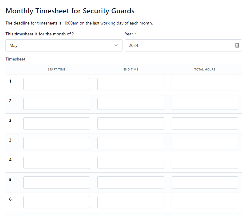 Monthly Timesheet for Security Companies