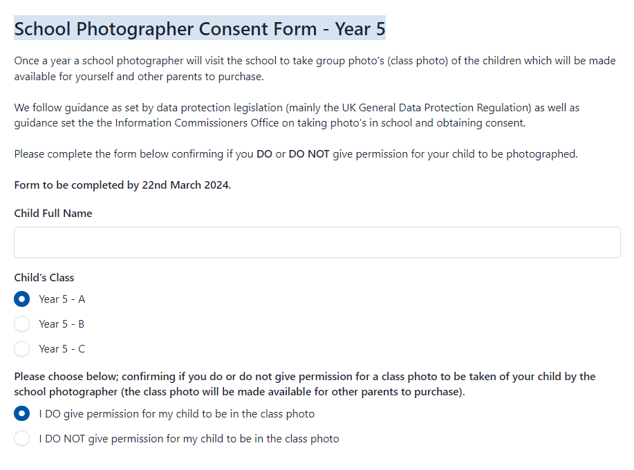 School Photographer Consent Form - Year 5