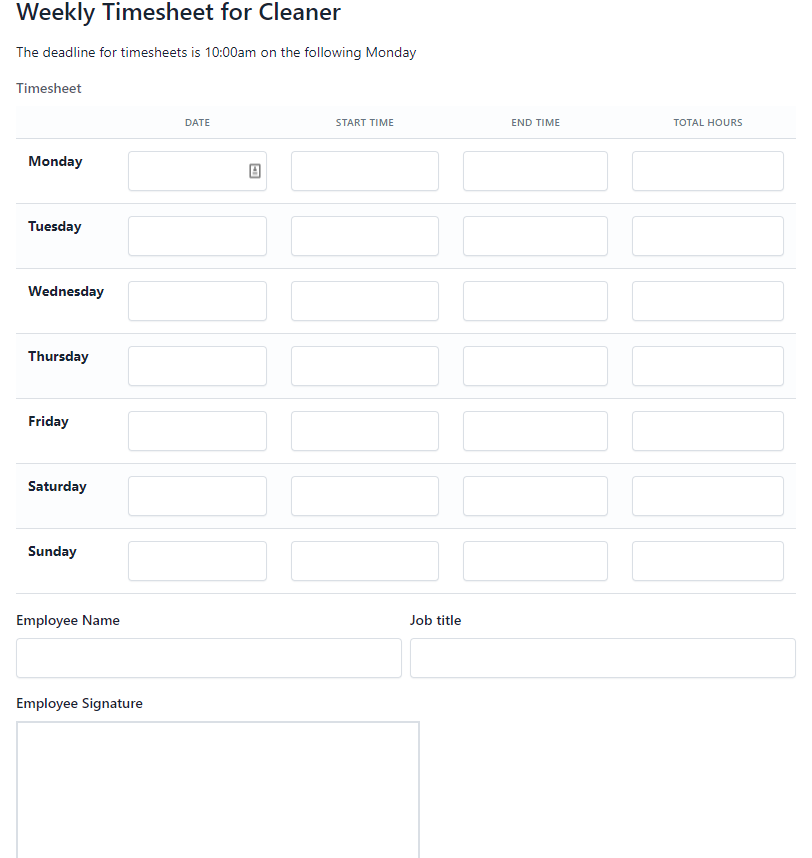 Weekly Timesheet for cleaner